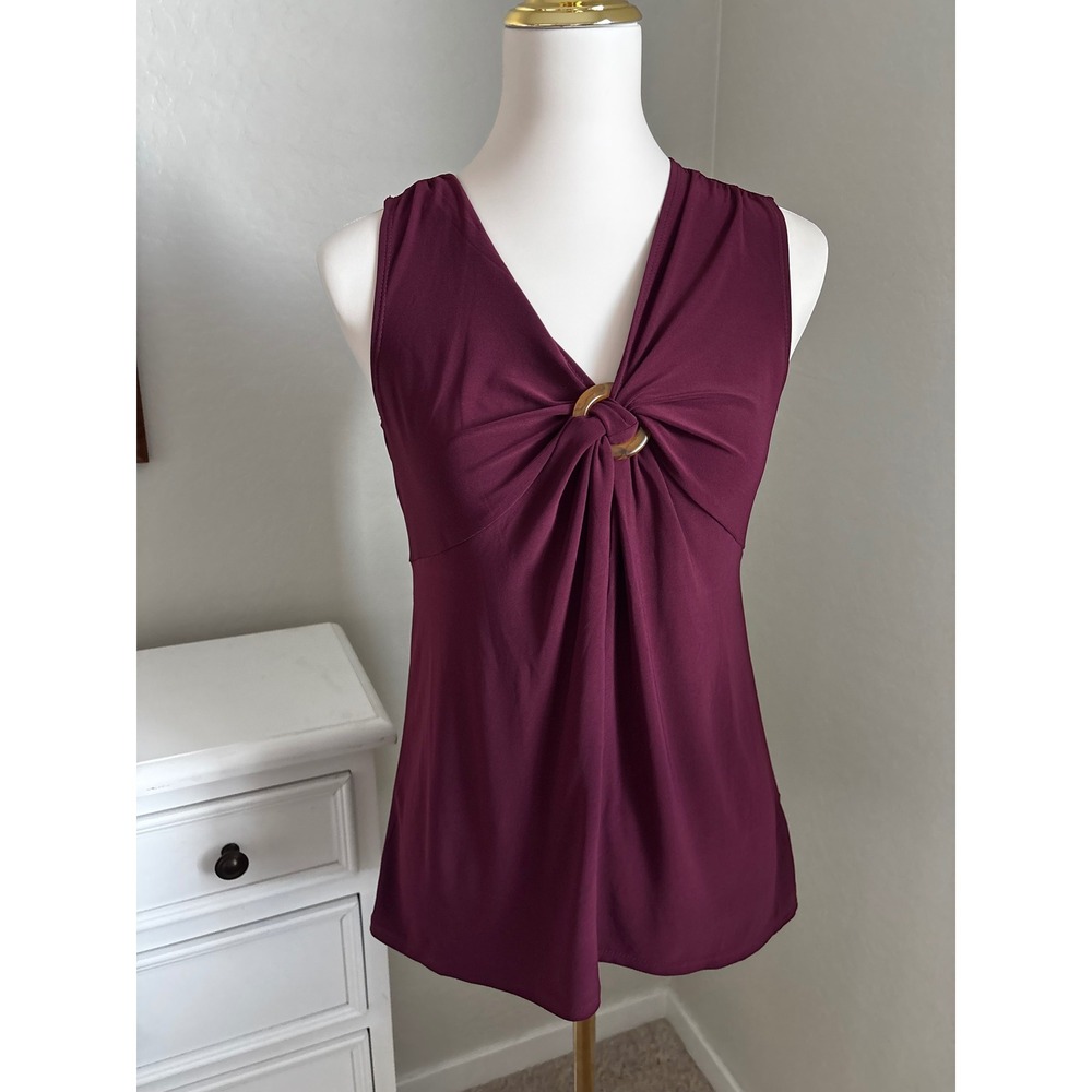 Atelier 29 Womens Burgundy V-Neck Sleeveless Blouse Gold Ring Ruched 90s Top S